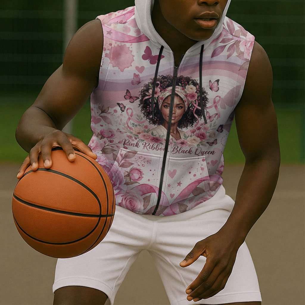 African American Breast Cancer Warrior Black Queen Sleeveless Zip Hoodie Floral Pink Ribbon Watercolor Butterfly Hope Art