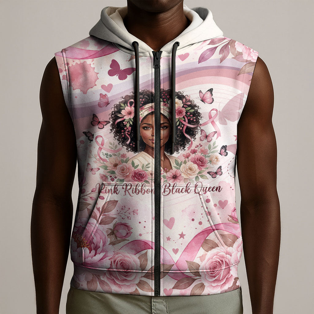 African American Breast Cancer Warrior Black Queen Sleeveless Zip Hoodie Floral Pink Ribbon Watercolor Butterfly Hope Art