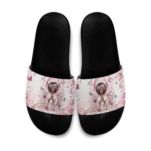 African American Breast Cancer Warrior Black Queen Slide Sandals Floral Pink Ribbon Watercolor Butterfly Hope Art