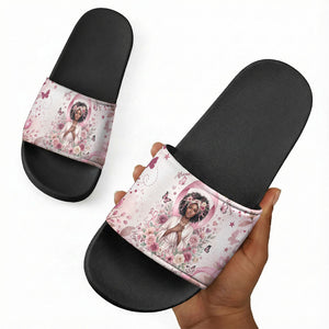 African American Breast Cancer Warrior Black Queen Slide Sandals Floral Pink Ribbon Watercolor Butterfly Hope Art