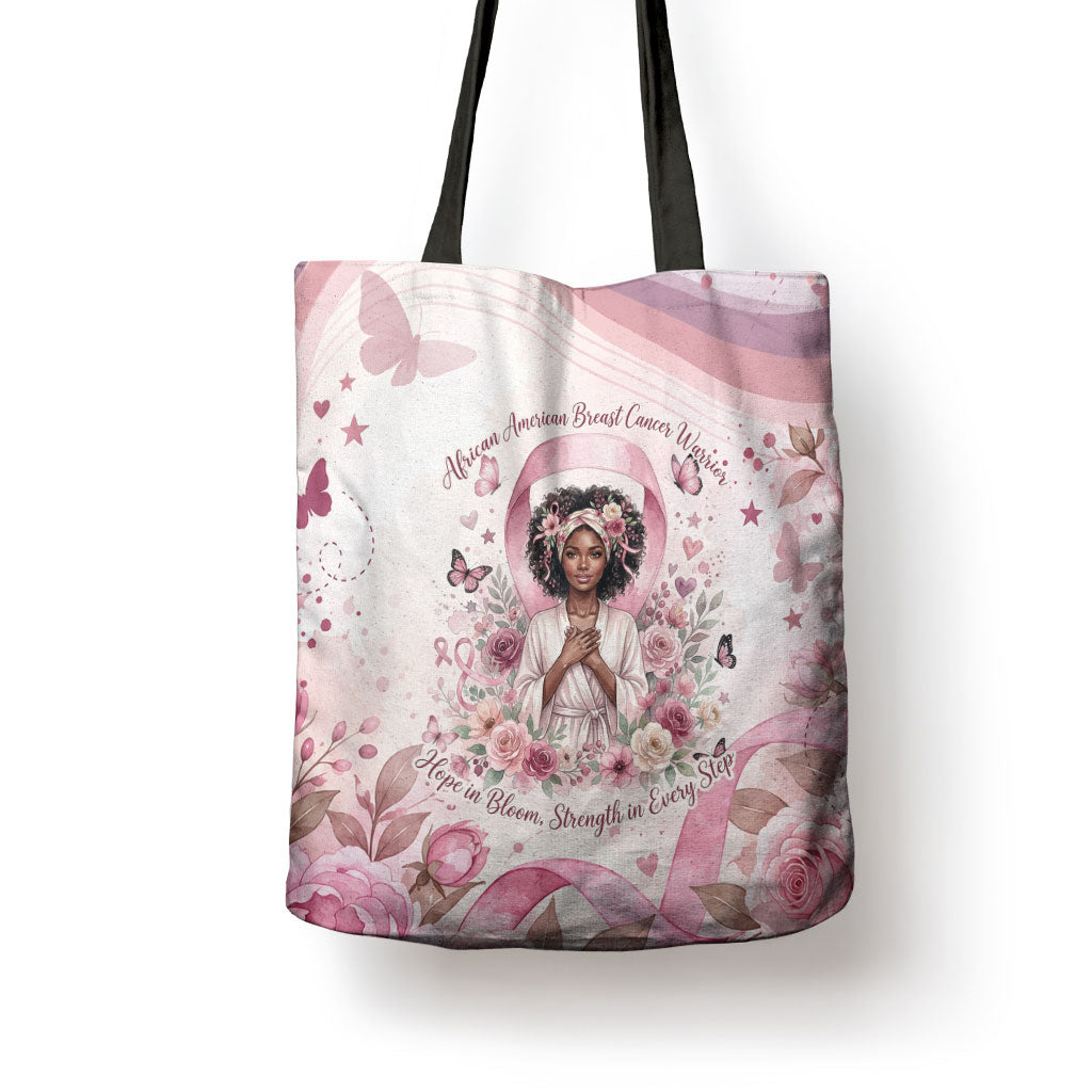 African American Breast Cancer Warrior Black Queen Tote Bag Floral Pink Ribbon Watercolor Butterfly Hope Art