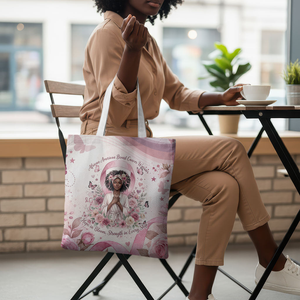 African American Breast Cancer Warrior Black Queen Tote Bag Floral Pink Ribbon Watercolor Butterfly Hope Art