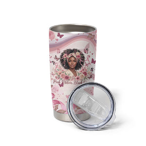 African American Breast Cancer Warrior Black Queen Tumbler Cup Floral Pink Ribbon Watercolor Butterfly Hope Art