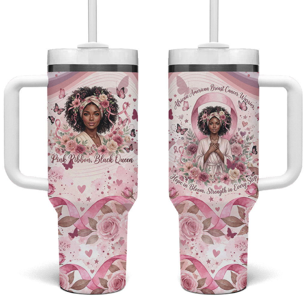 African American Breast Cancer Warrior Black Queen Tumbler With Handle Floral Pink Ribbon Watercolor Butterfly Hope Art