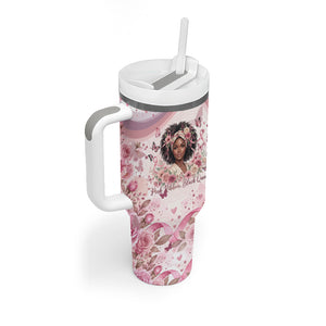 African American Breast Cancer Warrior Black Queen Tumbler With Handle Floral Pink Ribbon Watercolor Butterfly Hope Art
