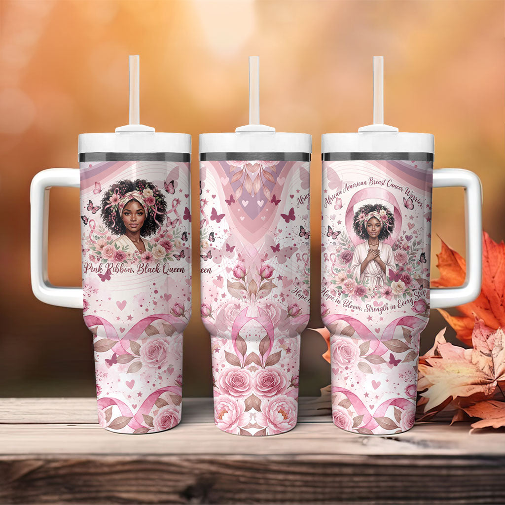 African American Breast Cancer Warrior Black Queen Tumbler With Handle Floral Pink Ribbon Watercolor Butterfly Hope Art