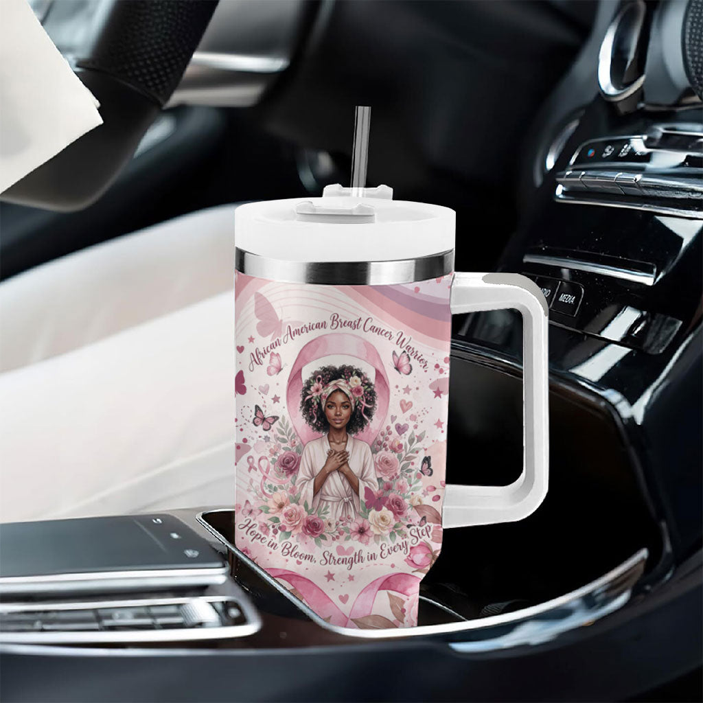 African American Breast Cancer Warrior Black Queen Tumbler With Handle Floral Pink Ribbon Watercolor Butterfly Hope Art