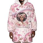 African American Breast Cancer Warrior Black Queen Wearable Blanket Hoodie Floral Pink Ribbon Watercolor Butterfly Hope Art