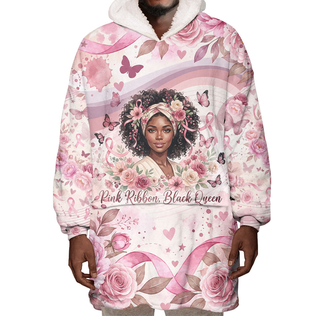 African American Breast Cancer Warrior Black Queen Wearable Blanket Hoodie Floral Pink Ribbon Watercolor Butterfly Hope Art