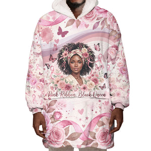 African American Breast Cancer Warrior Black Queen Wearable Blanket Hoodie Floral Pink Ribbon Watercolor Butterfly Hope Art