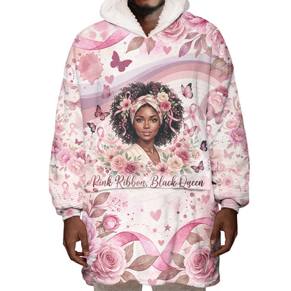 African American Breast Cancer Warrior Black Queen Wearable Blanket Hoodie Floral Pink Ribbon Watercolor Butterfly Hope Art