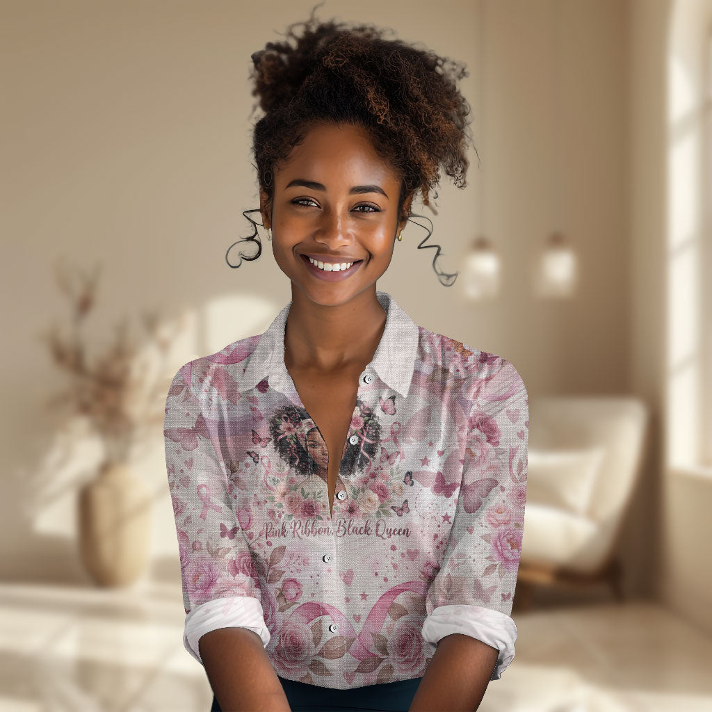 African American Breast Cancer Warrior Black Queen Women Casual Shirt Floral Pink Ribbon Watercolor Butterfly Hope Art
