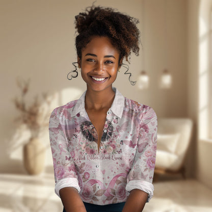 African American Breast Cancer Warrior Black Queen Women Casual Shirt Floral Pink Ribbon Watercolor Butterfly Hope Art