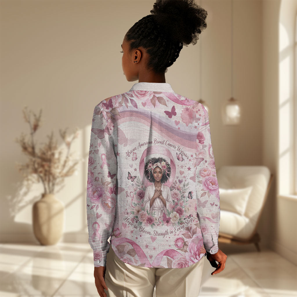 African American Breast Cancer Warrior Black Queen Women Casual Shirt Floral Pink Ribbon Watercolor Butterfly Hope Art