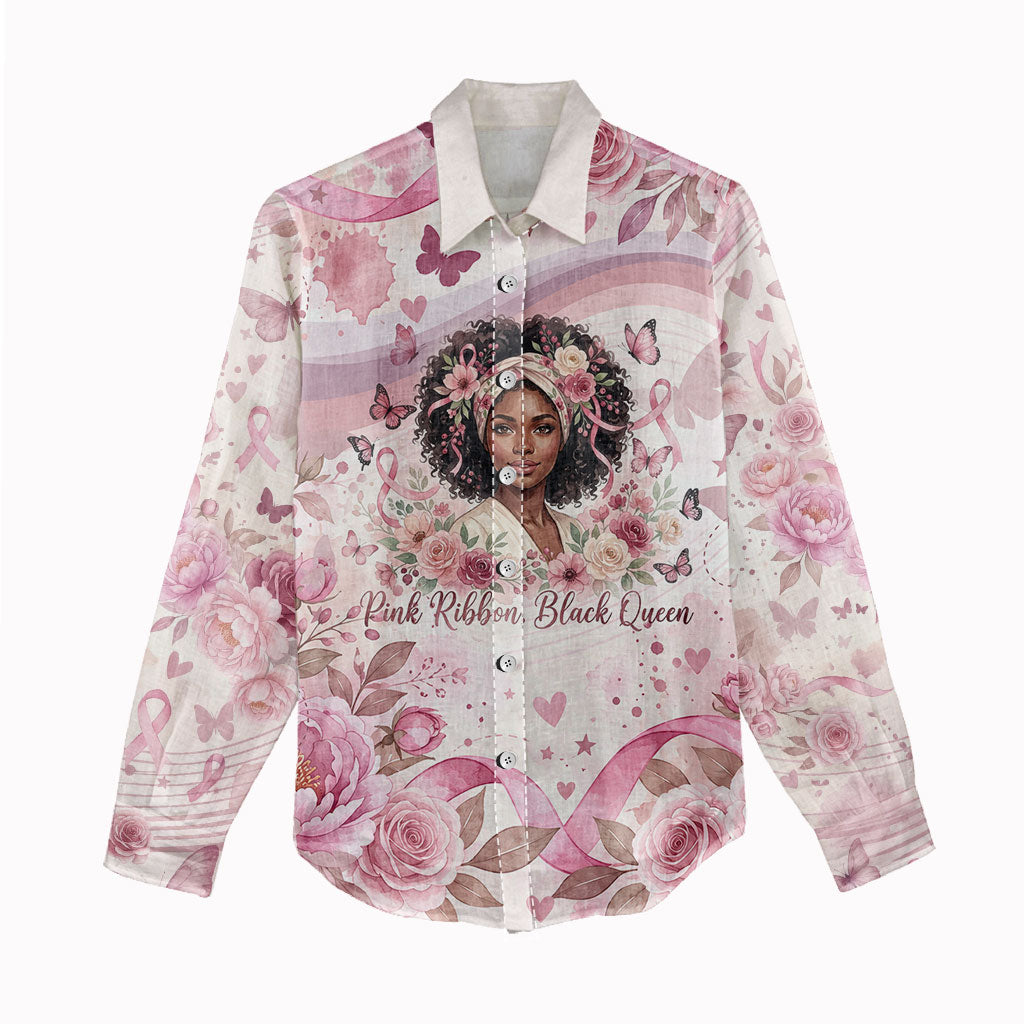 African American Breast Cancer Warrior Black Queen Women Casual Shirt Floral Pink Ribbon Watercolor Butterfly Hope Art