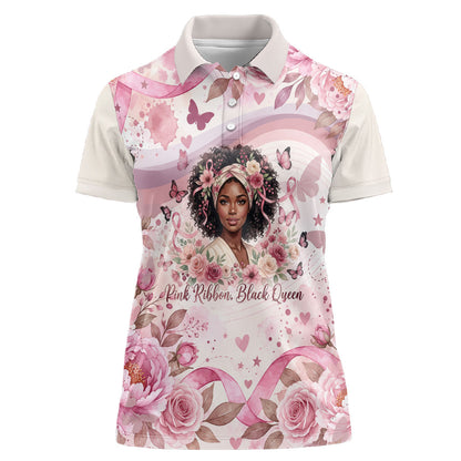 African American Breast Cancer Warrior Black Queen Women Polo Shirt Floral Pink Ribbon Watercolor Butterfly Hope Art