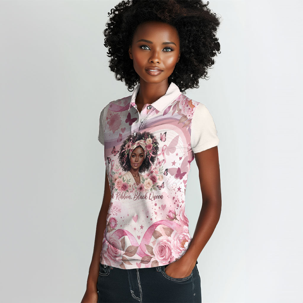 African American Breast Cancer Warrior Black Queen Women Polo Shirt Floral Pink Ribbon Watercolor Butterfly Hope Art