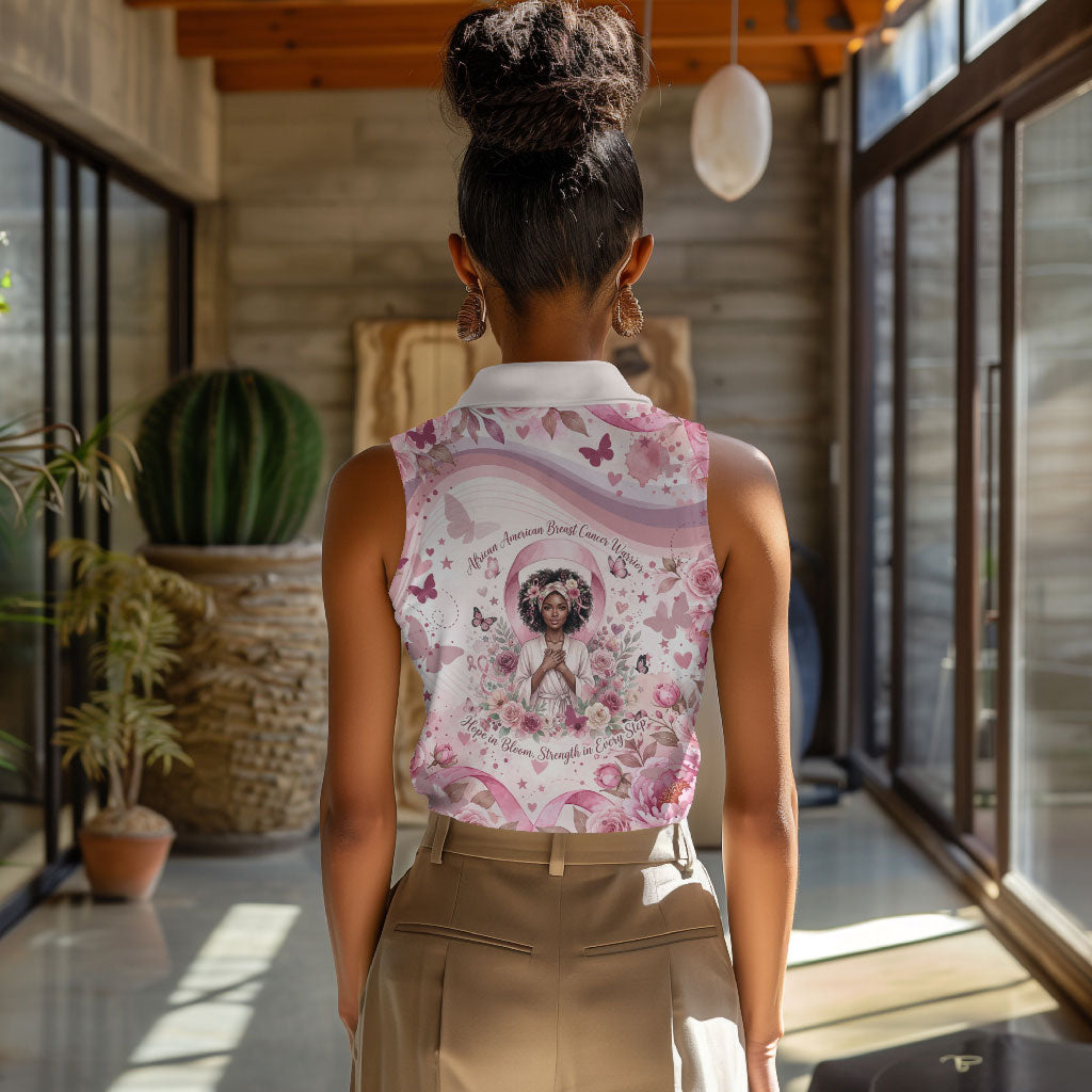 African American Breast Cancer Warrior Black Queen Women Sleeveless Polo Shirt Floral Pink Ribbon Watercolor Butterfly Hope Art