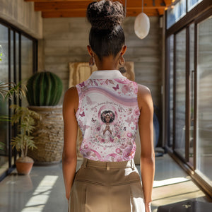 African American Breast Cancer Warrior Black Queen Women Sleeveless Polo Shirt Floral Pink Ribbon Watercolor Butterfly Hope Art