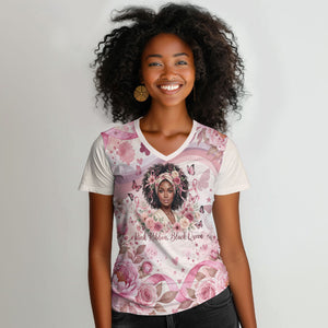 African American Breast Cancer Warrior Black Queen Women V-Neck T-Shirt Floral Pink Ribbon Watercolor Butterfly Hope Art