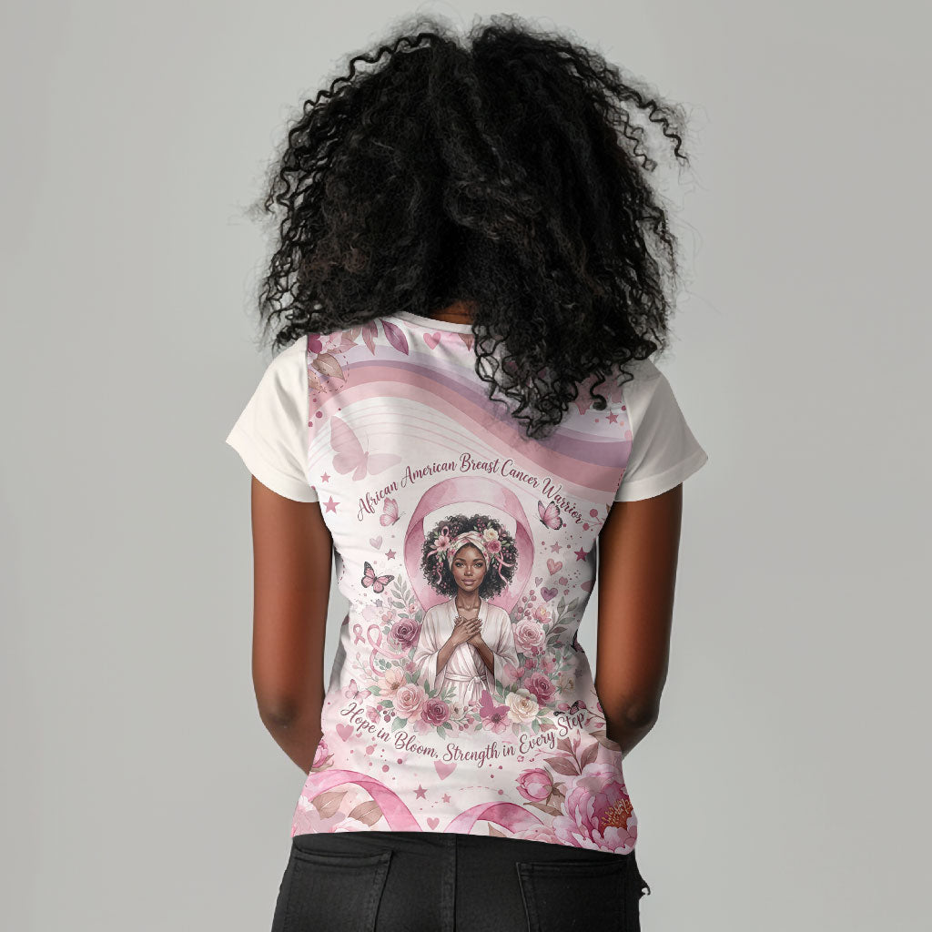 African American Breast Cancer Warrior Black Queen Women V-Neck T-Shirt Floral Pink Ribbon Watercolor Butterfly Hope Art