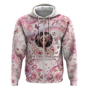 African American Breast Cancer Warrior Black Queen Zip Hoodie Floral Pink Ribbon Watercolor Butterfly Hope Art
