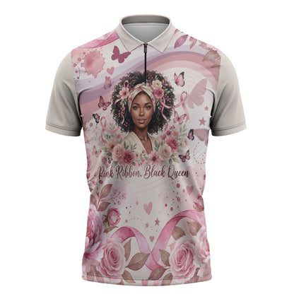 African American Breast Cancer Warrior Black Queen Zipper Polo Shirt Floral Pink Ribbon Watercolor Butterfly Hope Art