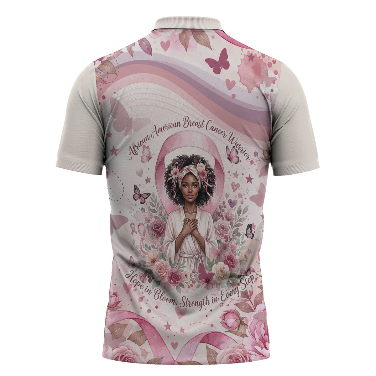 African American Breast Cancer Warrior Black Queen Zipper Polo Shirt Floral Pink Ribbon Watercolor Butterfly Hope Art