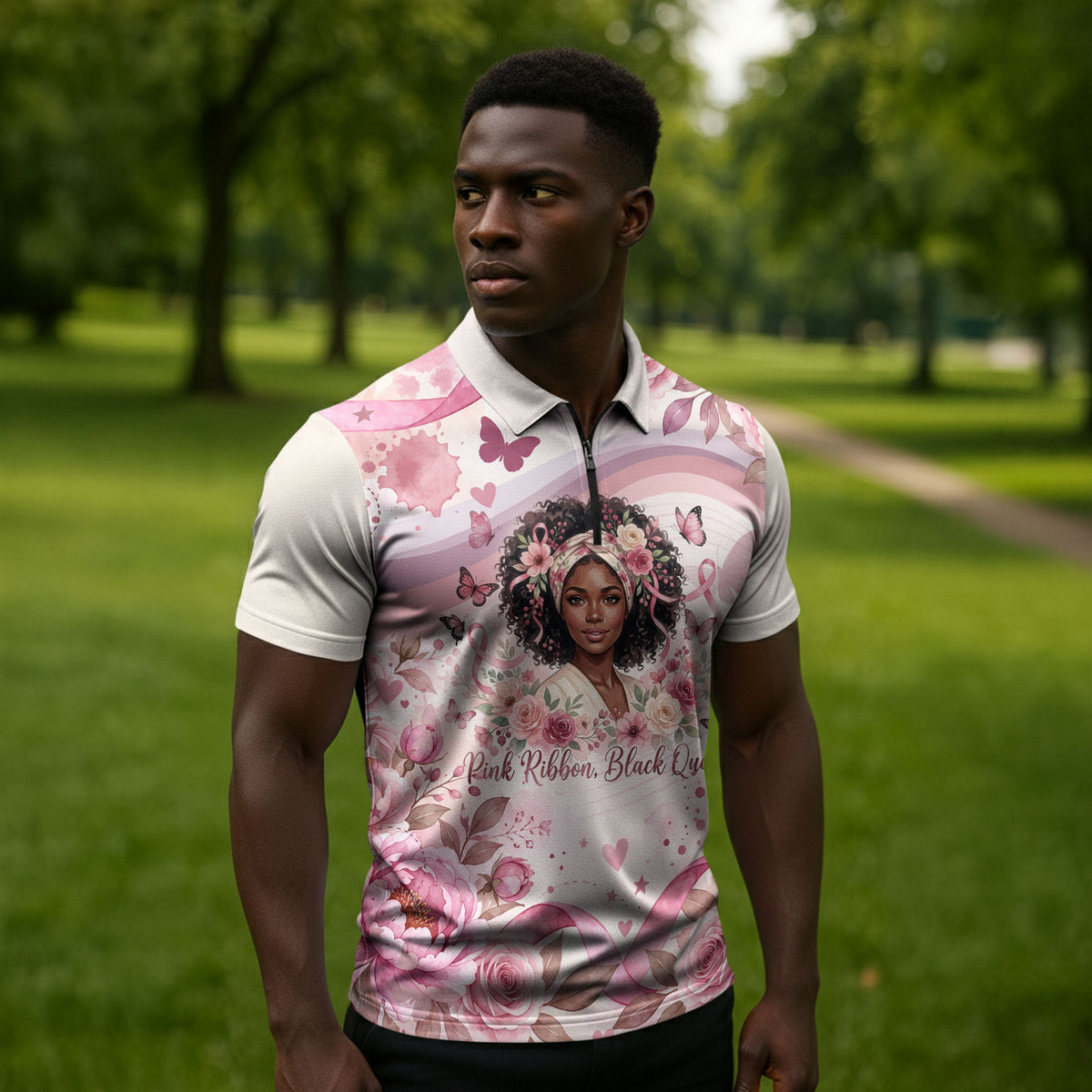 African American Breast Cancer Warrior Black Queen Zipper Polo Shirt Floral Pink Ribbon Watercolor Butterfly Hope Art