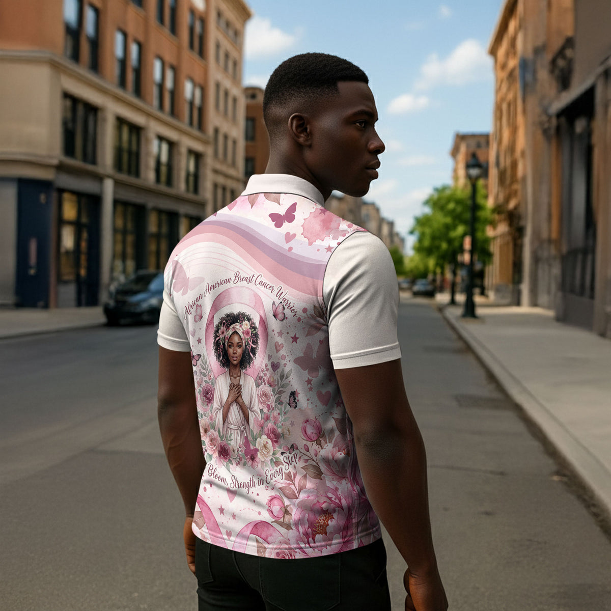 African American Breast Cancer Warrior Black Queen Zipper Polo Shirt Floral Pink Ribbon Watercolor Butterfly Hope Art