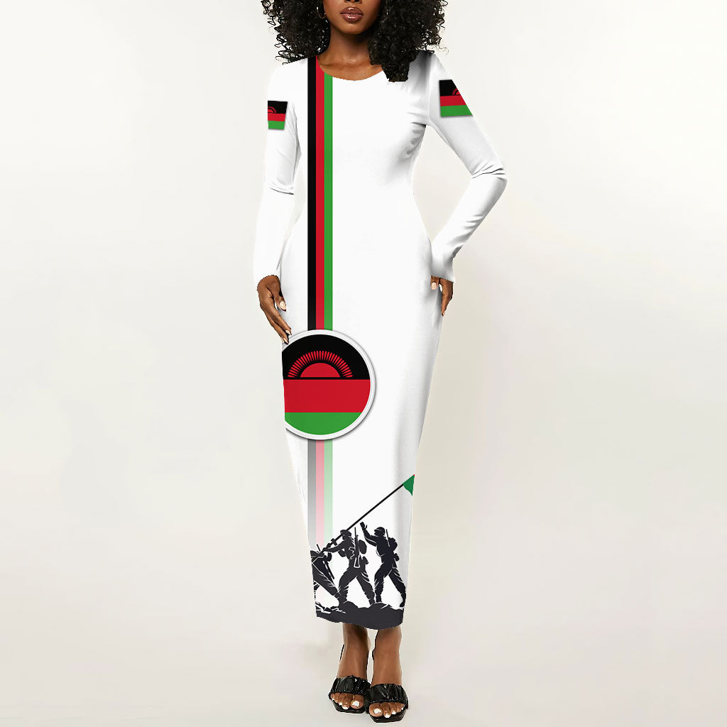 Malawi Independence Day Long Sleeve Bodycon Dress Patriotic Flag Design Soldier Silhouette