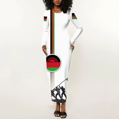 Malawi Independence Day Long Sleeve Bodycon Dress Patriotic Flag Design Soldier Silhouette