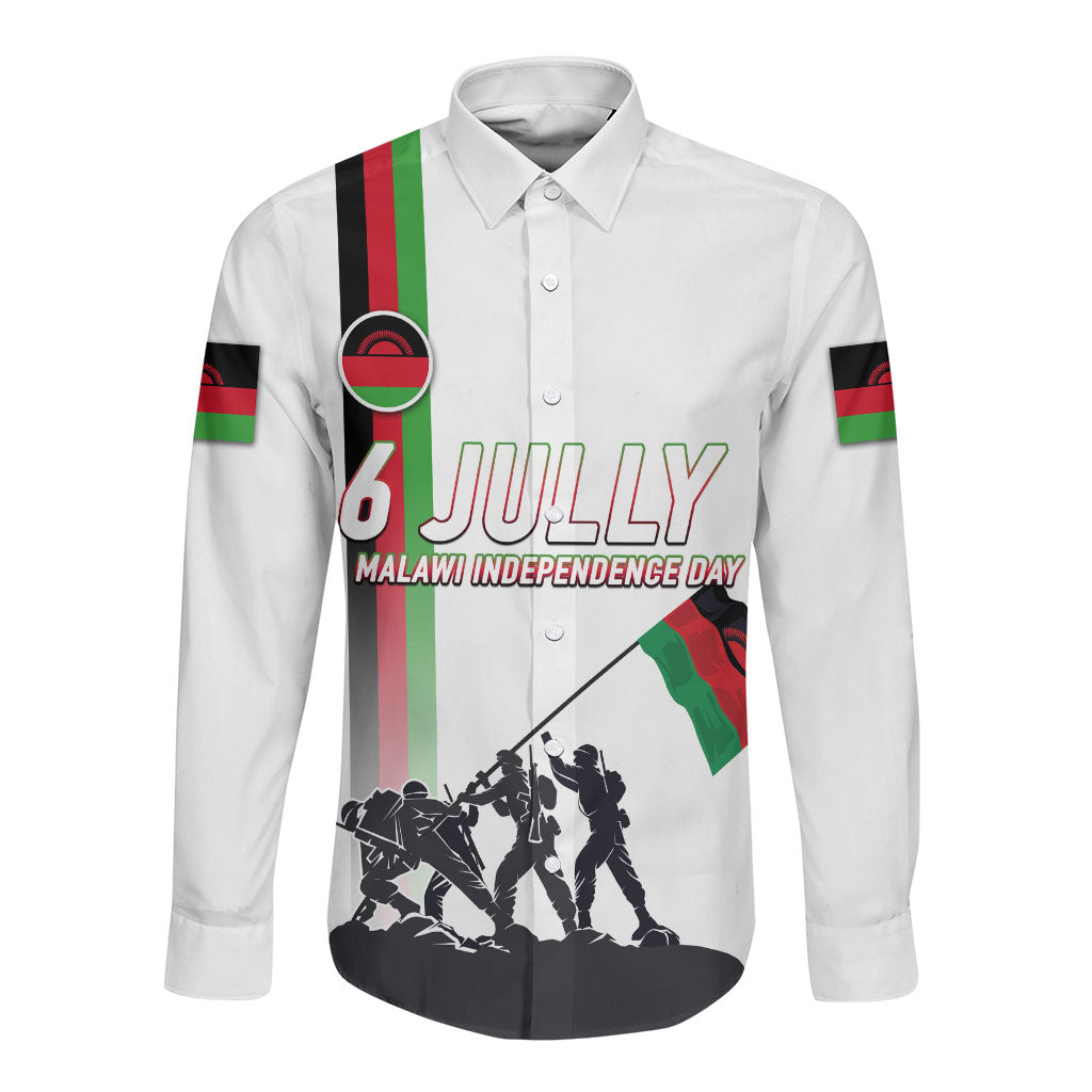Malawi Independence Day Long Sleeve Button Shirt Patriotic Flag Design Soldier Silhouette