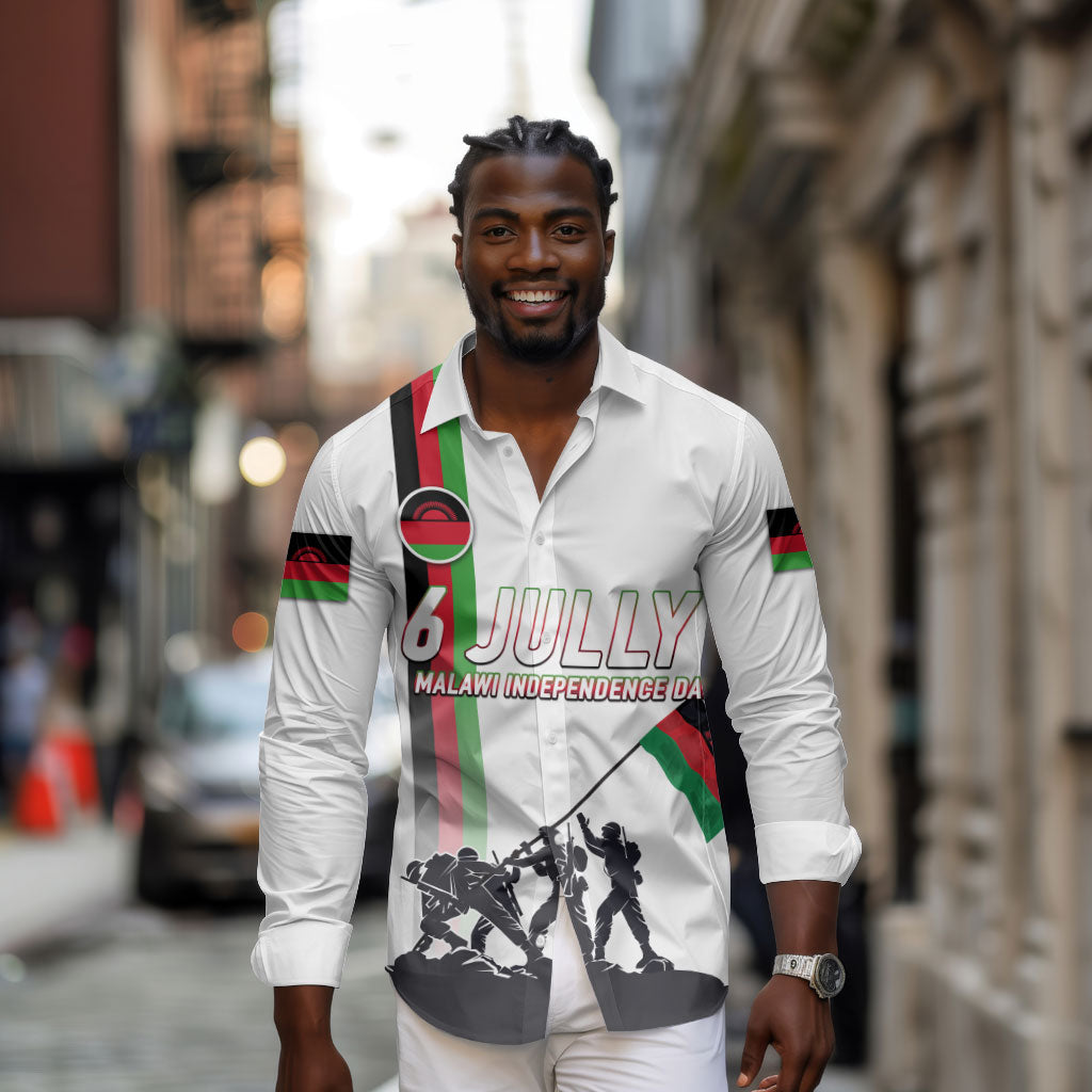 Malawi Independence Day Long Sleeve Button Shirt Patriotic Flag Design Soldier Silhouette