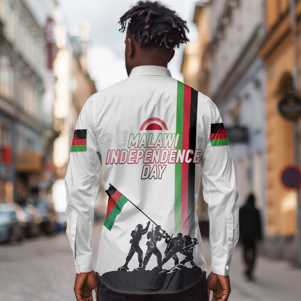 Malawi Independence Day Long Sleeve Button Shirt Patriotic Flag Design Soldier Silhouette