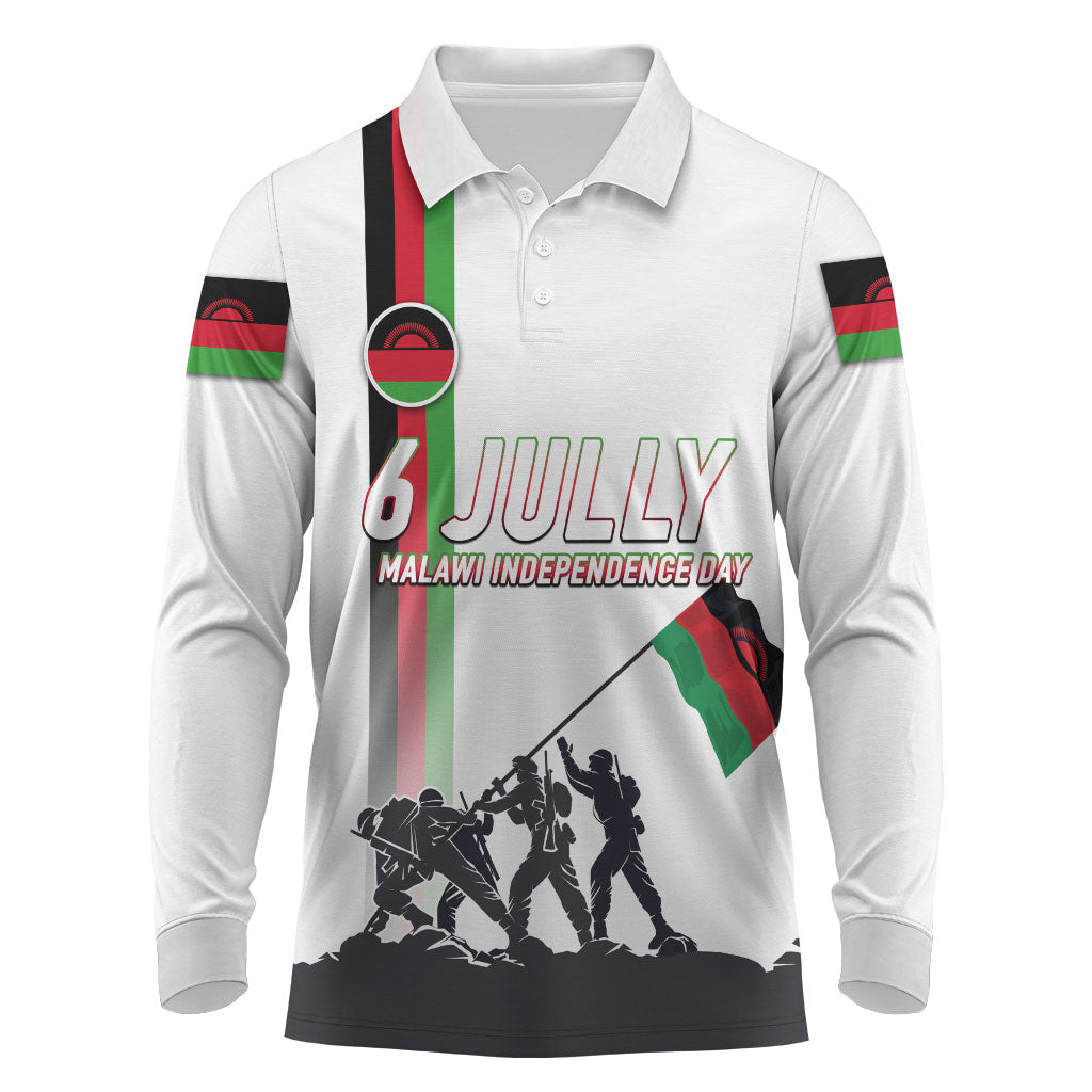 Malawi Independence Day Long Sleeve Polo Shirt Patriotic Flag Design Soldier Silhouette