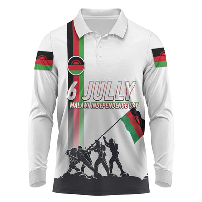 Malawi Independence Day Long Sleeve Polo Shirt Patriotic Flag Design Soldier Silhouette