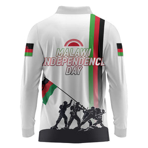 Malawi Independence Day Long Sleeve Polo Shirt Patriotic Flag Design Soldier Silhouette