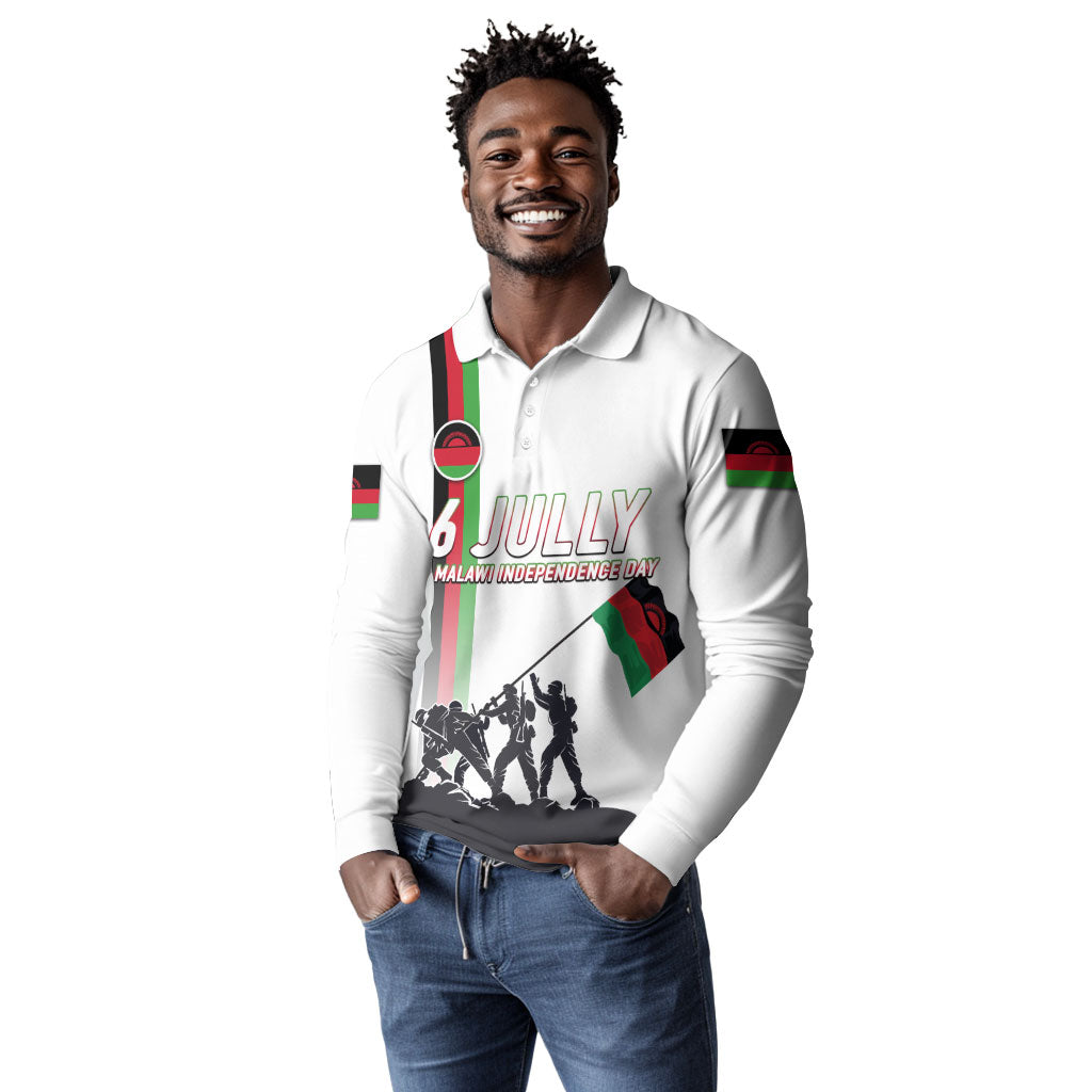 Malawi Independence Day Long Sleeve Polo Shirt Patriotic Flag Design Soldier Silhouette