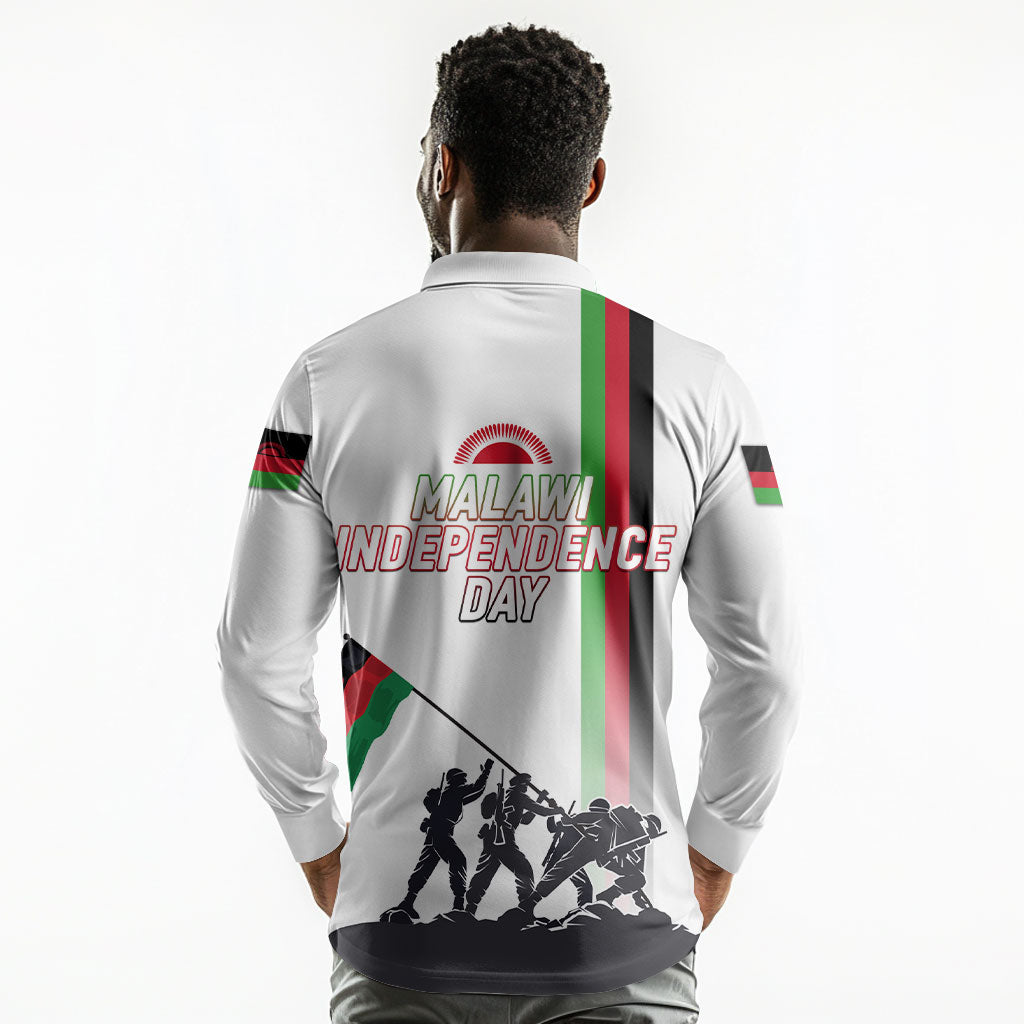 Malawi Independence Day Long Sleeve Polo Shirt Patriotic Flag Design Soldier Silhouette