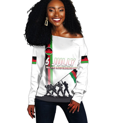 Malawi Independence Day Off Shoulder Sweater Patriotic Flag Design Soldier Silhouette