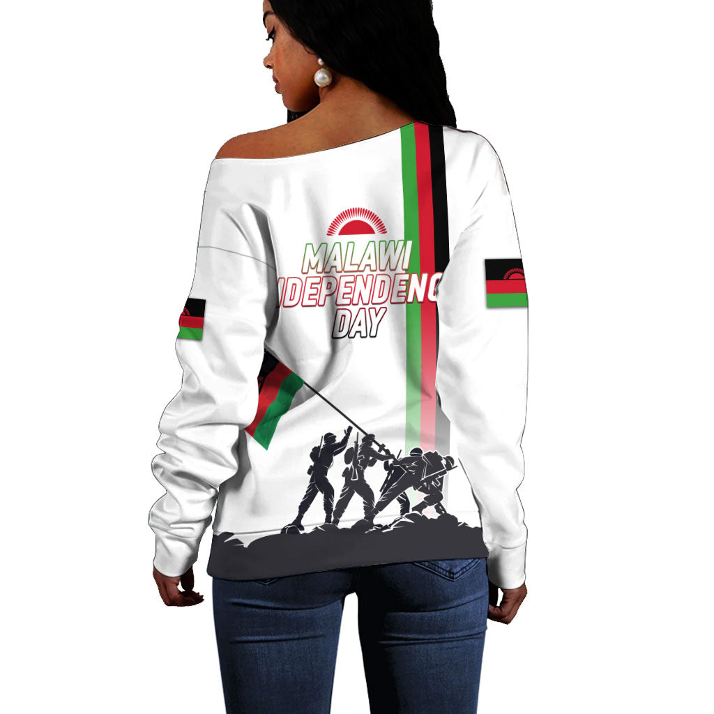 Malawi Independence Day Off Shoulder Sweater Patriotic Flag Design Soldier Silhouette