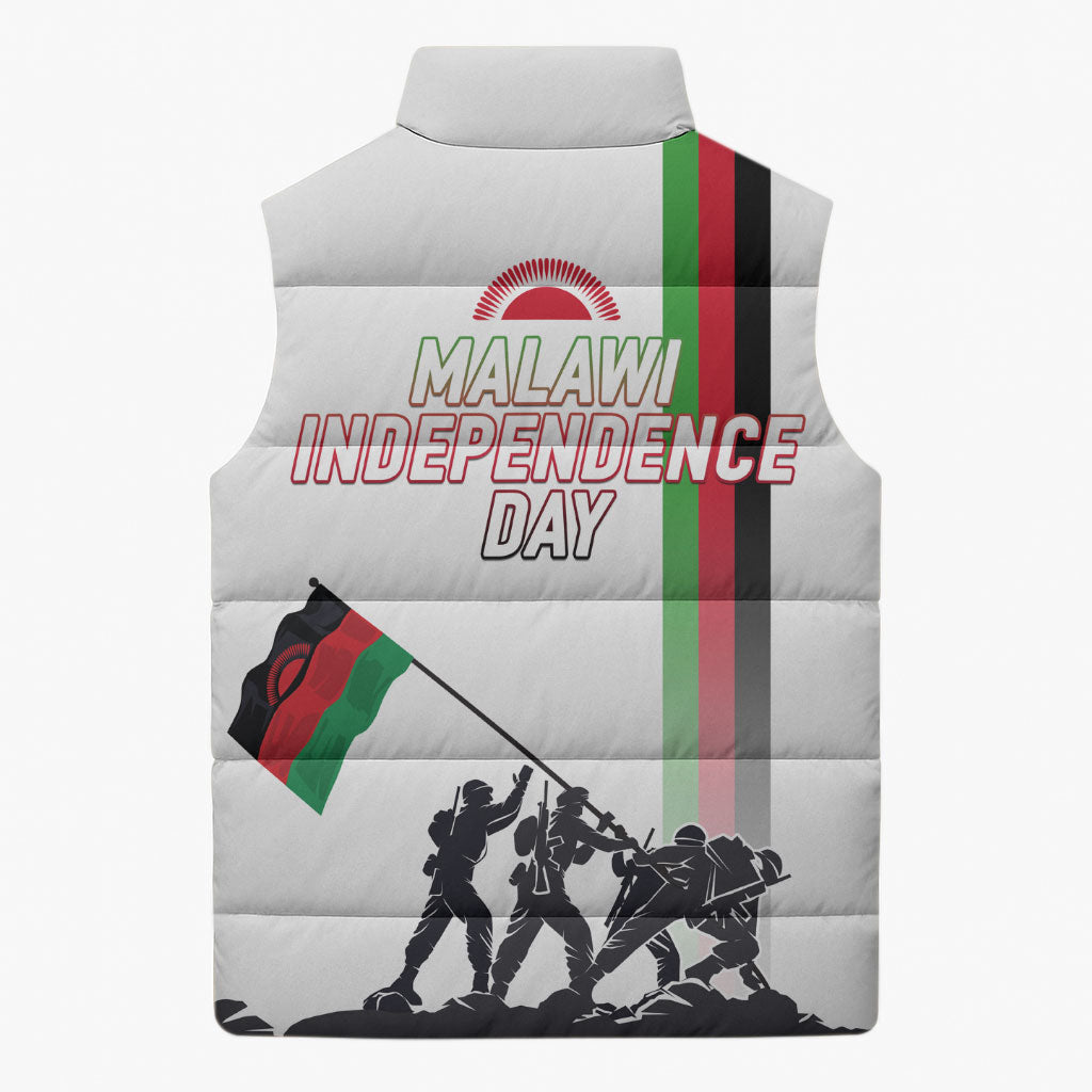 Malawi Independence Day Sleeveless Puffer Jacket Patriotic Flag Design Soldier Silhouette