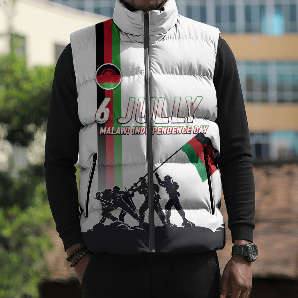 Malawi Independence Day Sleeveless Puffer Jacket Patriotic Flag Design Soldier Silhouette
