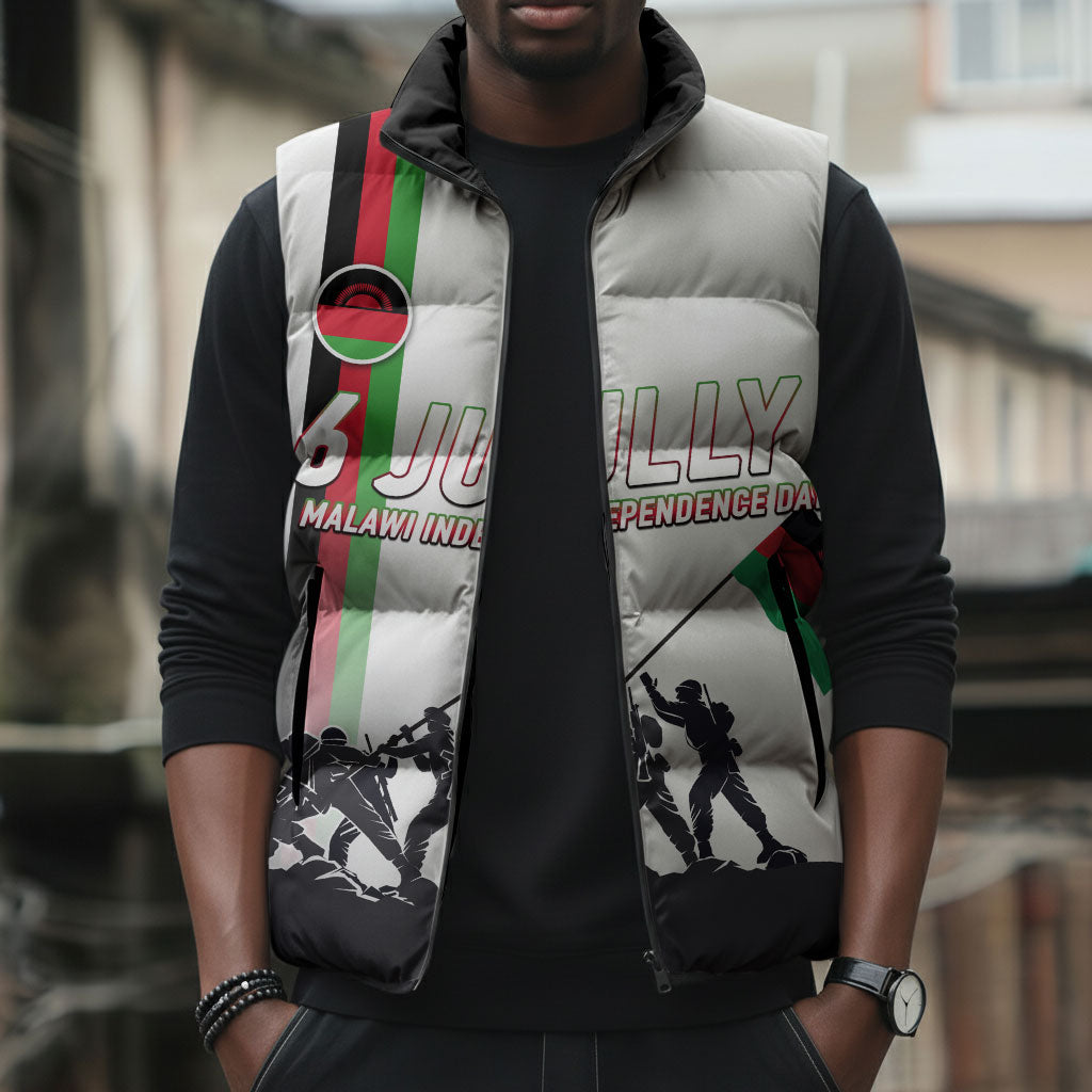 Malawi Independence Day Sleeveless Puffer Jacket Patriotic Flag Design Soldier Silhouette