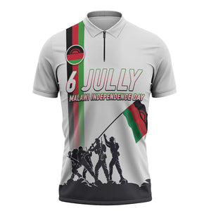 Malawi Independence Day Zipper Polo Shirt Patriotic Flag Design Soldier Silhouette