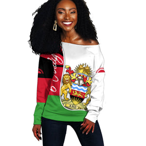 Malawi Independence Day 6 July Off Shoulder Sweater Malawian Coat Of Arms Flag Ribbon