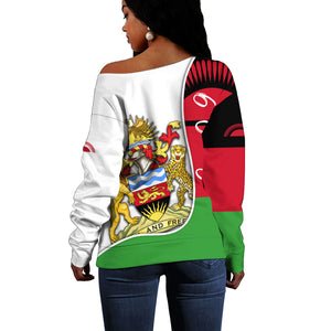 Malawi Independence Day 6 July Off Shoulder Sweater Malawian Coat Of Arms Flag Ribbon