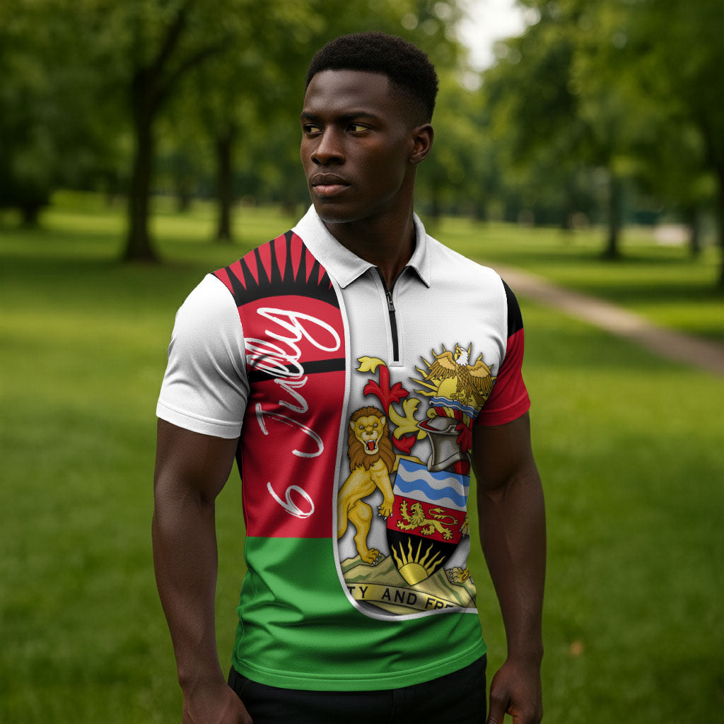 Malawi Independence Day 6 July Zipper Polo Shirt Malawian Coat Of Arms Flag Ribbon