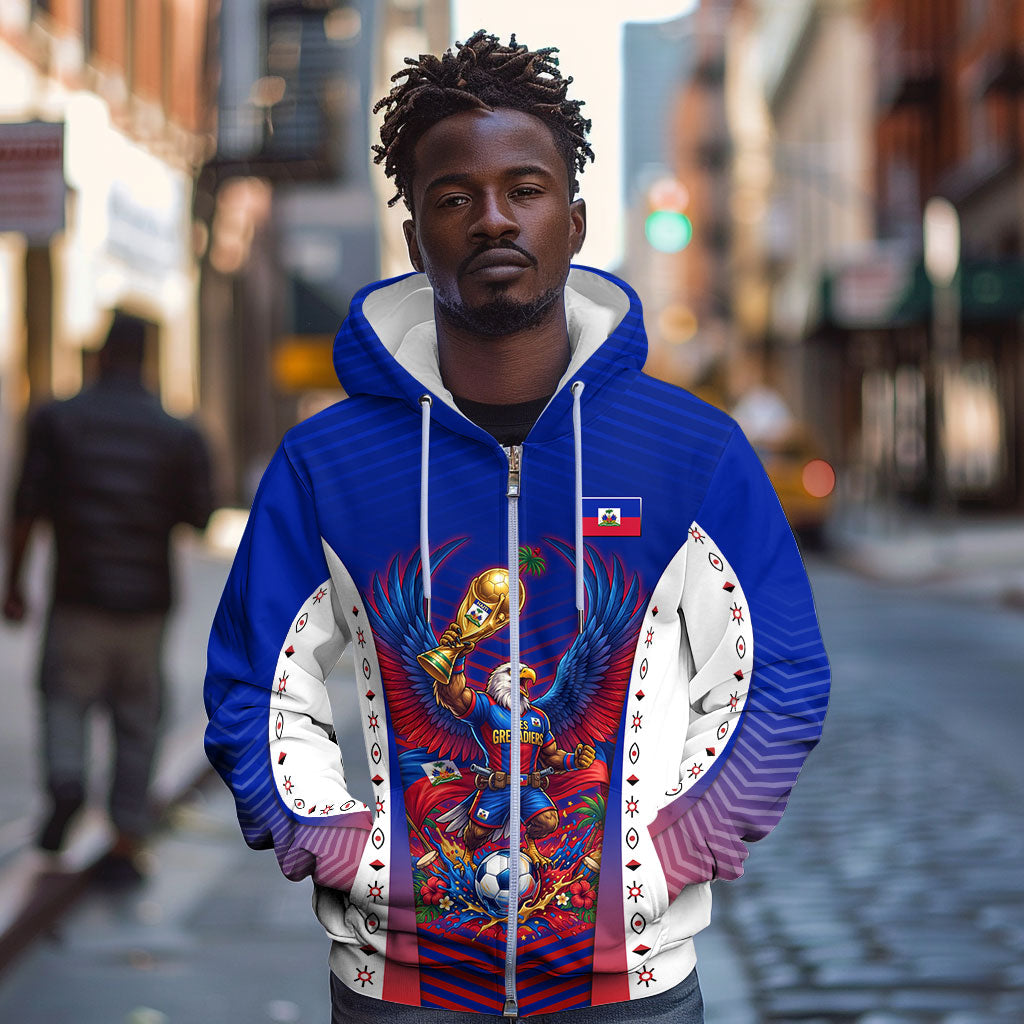 Personalized Haiti Football Eagle Champions Zip Hoodie Les Grenadiers Soccer Trophy 2026 Heritage Flag